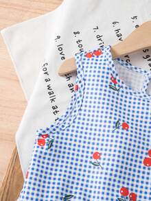 Conjunto de camiseta de tirantes y pantalones cortos con estampado de cuadros y cerezas para niña - Azul - Ver 5