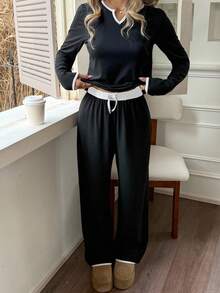 SHEIN Ensemble de pyjama pour adolescentes avec bordure contrastée, encolure échancrée et nœud devant - Noir et Blanc - Voir 6
