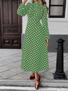 Pariaura 女士立领灯笼袖优雅收腰波点连衣裙 - 綠色 - 查看 6