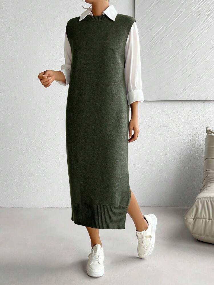 SHEIN Raffinéa Women's All-Match Versatile Commuter Long Dress Dark Green Dress Women Olive Dress Green Midi Dress Jumper Dress - Green - View 4