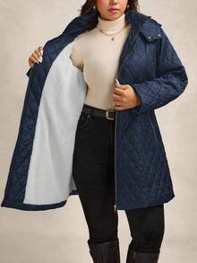 Zelara Quilted Padded Coat With Metal Belt, Plus Size Hooded Coat In Fall/Winter - Navy Blue - View 6