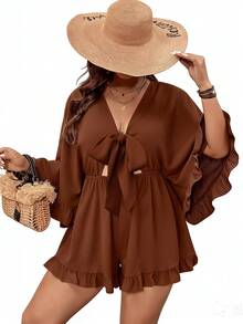 SHEIN VCAY 加大码假日纯色蝙蝠袖、荷叶边下摆、系腰连体裤 - 巧克力棕 - 查看 6