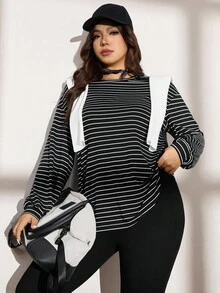 SHEIN LUNE Plus Size Fall Women Black & White Striped 2-Piece Set: Striped T-Shirt & Leggings, Casual Sports Workout Set Women Clothing Sets Airport Women Outfits Outfit Sets Two Pieces Piece Set Travel Outfit Airport