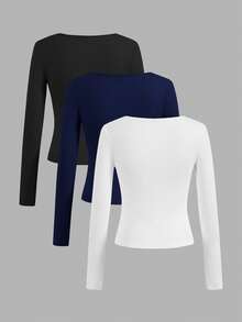Slaydiva 3pcs/Set Solid Color Black, White, Blue Versatile Crew Neck Plus Size T-Shirts, Basic Casual Tops For Women, Suitable For Spring And Autumn/Winter - Multicolor - View 2