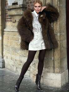 FLORETTA ÉLENA Jachetă de damă la modă cu mânecă lungă și guler din blană artificială Ombre toamnă/iarnă nouă - Maro - Vizualizare 3