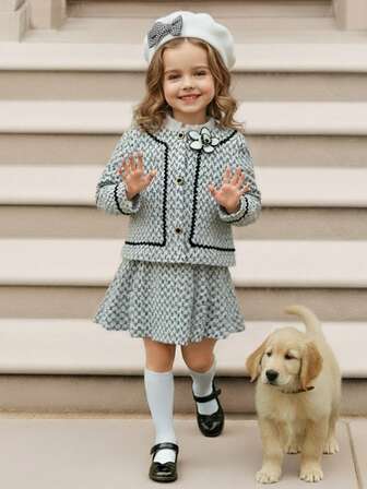 PrepCrw 1 件年轻女孩优雅都市学院风 3D 花卉装饰黑白夹克，适合派对、郊游、日常穿着、返校、夏季、秋季