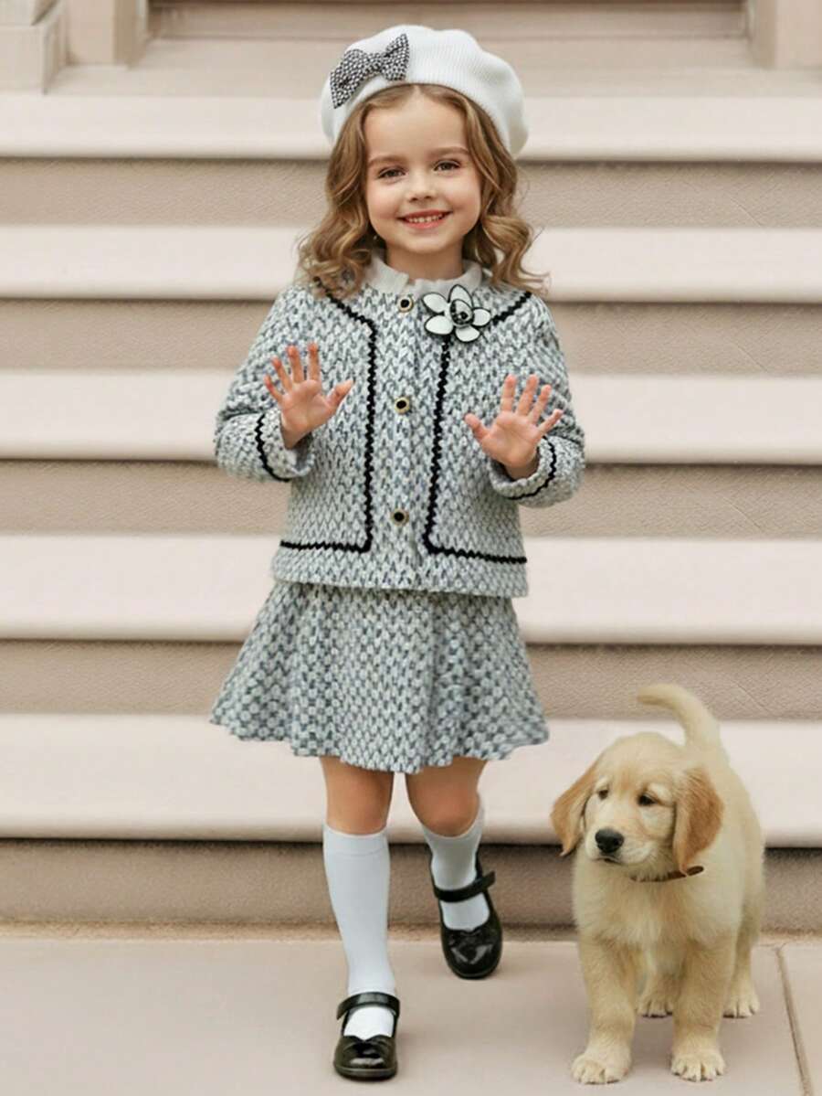 PrepCrw 1pc Young Girl Elegant Urban College 3D Floral Decor Black & White Jacket, Suitable For Parties, Outings, Daily Wear, Back To School, Summer, Autumn,Fall Outfits,Fall Clothes For Kids,Stitch,Old Money,Winter Clothes ,Winter Clothes For Kid,ElegantCasual,Holiday - Multicolor - View 1