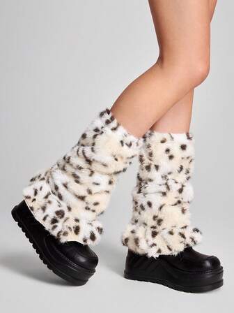 Goth 1 Paar Y2K Vintage Mode einfach lässig süß hochwertig warm flauschig weiß & braun gepunktet, Leopard, Hirsch strukturierte Spitzen Beinwärmer/Stiefelmanschetten, locker fallende Beinwärmer Set, geeignet für Damen/Mädchen Alltagskleidung, Urlaubsgeschenk