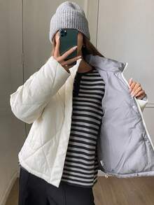 DAZY 女士菱形图案宽松立领抽绳休闲宽松温柔优雅棉服外套，冬季 - 白色 - 查看 3