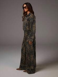 Athîral Denim 女式豹纹长袖单排扣口袋阔腿休闲牛仔连体裤 - 咖啡棕 - 查看 5