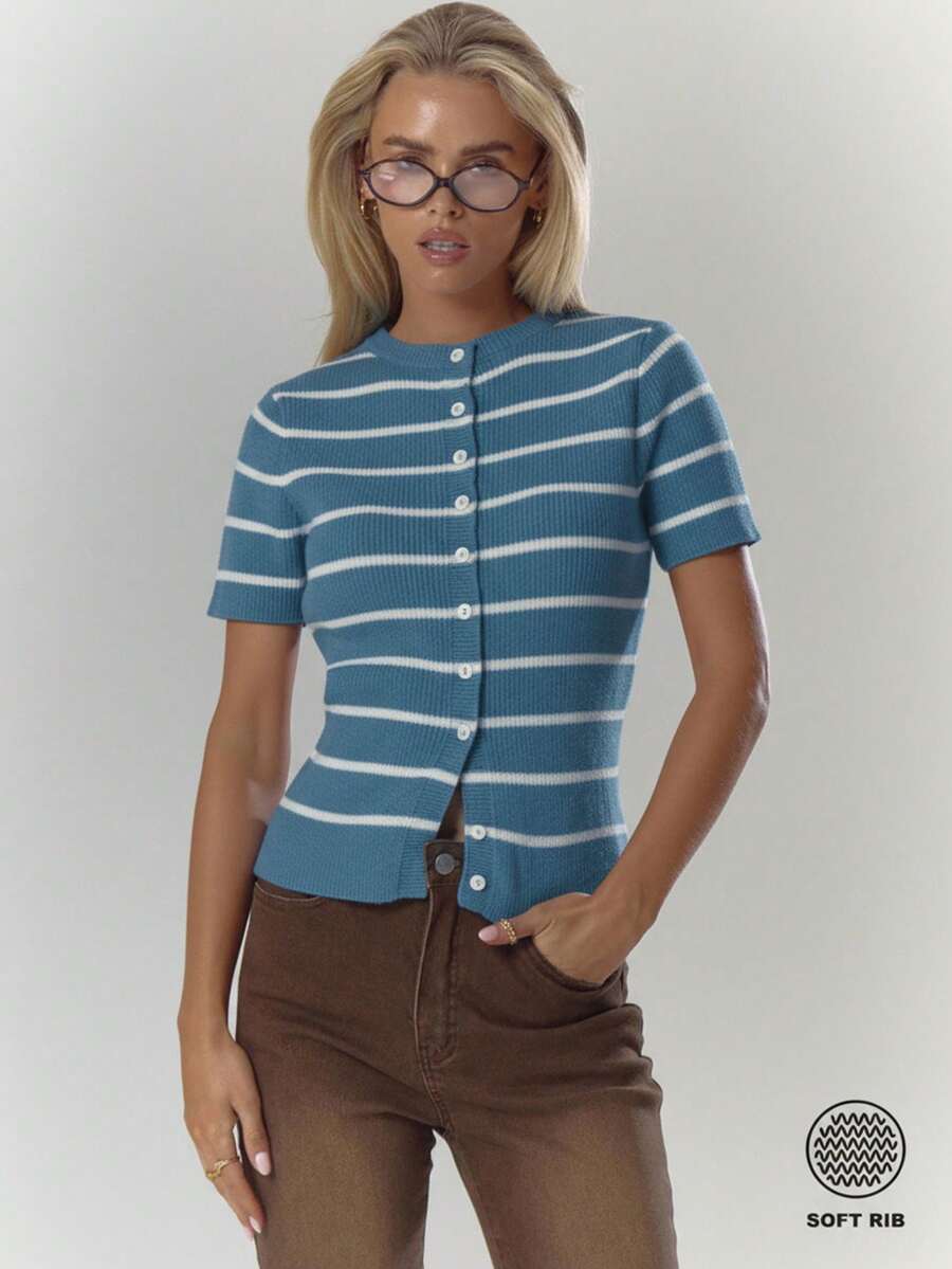 MUSERA Striped Rib Knit Button Through Fitted Short Sleeve Top Fall Autumn Cozy Cute Casual Coffee Club New Year Spring - Blue - View 1