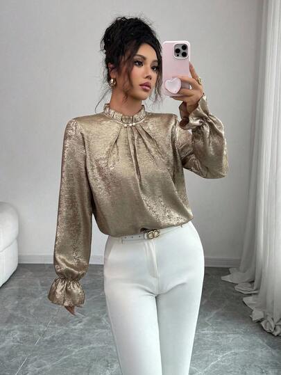 Elenzga Camicetta elegante e lussuosa da donna taglie forti con riflessi dorati, collo con volant, decorazione in perle, spacco sul retro, polsini con volant, vestibilità lunga e morbida, casual, adatta per primavera/autunno