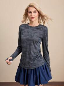 Cheerettes 女士迷彩印花露背长袖运动T恤 女士长袖上衣 - 深灰色 - 查看 3