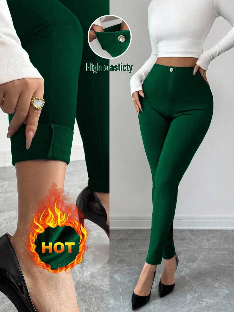 Elenzga Women's Solid Color Thermal Lined Elastic Skinny Leggings, Autumn/Winter - Dark Green - View 1