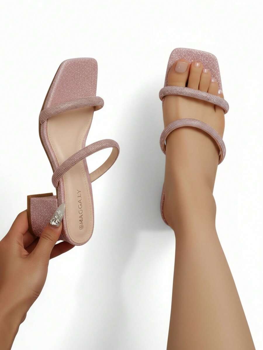 Sandalia de tacón ancho para mujer, punta cuadrada con tiras brillantes, estilo moderno para fiesta y uso casual - Rosa - Ver 1