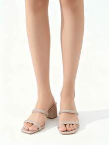 Sandalia de tacón ancho para mujer, punta cuadrada con tiras brillantes, estilo moderno para fiesta y uso casual - Rosa - Ver 3