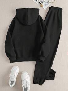 Mujer conjunto casual romántico corazones estampados tejido suave fit holgado capucha manga larga primavera otoño uso diario sudadera y pants - Negro - Ver 2