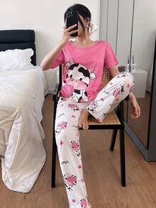SHEIN 2 件套可爱奶牛印花针织短袖睡衣套装，舒适睡衣 - 彩色 - 查看 5