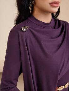 Veilorie Women's Solid Color Stand Collar Long Sleeve Ruffle Elegant Arabic Dress - Red - View 1