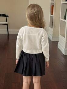 SHEIN Young Girl Bowknot Cardigan With Round Neck, Casual For Daily Wear, Autumn/Winter,Long Sleeve Tops, Elegant & Cute, High Quality, Warm & Soft, Versatile For Play, Daily Wear, School, Autumn & Winter,Back To School Season.College Style