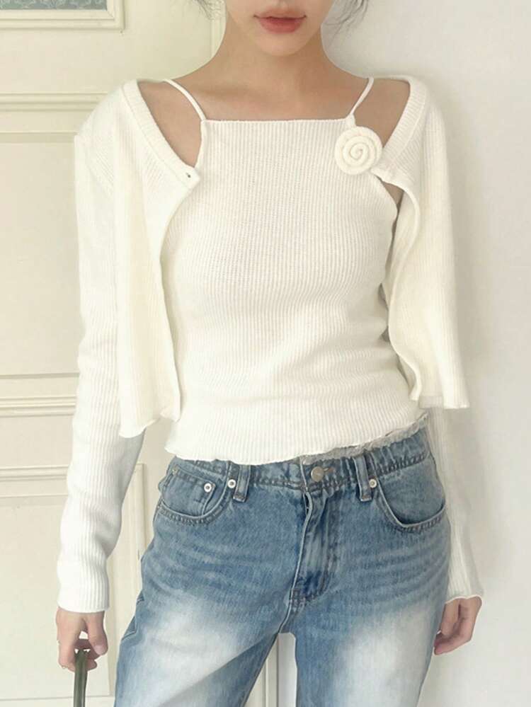 2pcs Women Rose Floral Camisole & Cardigan Set, Autumn/Winter