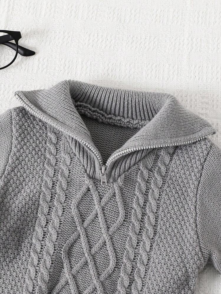 SHEIN Baby Boy/Girl Burgundy Autumn/Winter Collegiate Vintage Textured Intarsia Knit Solid Color Soft Mock Neck Zip-Up Long Sleeve Pullover Top, Soft & Comfortable For School, Home, Outings, New Year - Light Grey - View 4