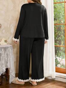 Côtesoire Plus Size Elegant Mature French Style Lace Pajama Set Woman Night Wear Two Pieces Sleepwear Set, Winter Clothes - Black - View 2
