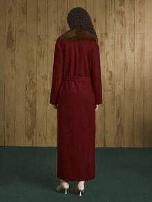 Arave 毛领奢华腰带装饰欧式时尚百搭羊毛大衣 - 酒紅色 - 查看 4