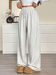 SHEIN EZwear Pantalones de chándal holgados con cordón en la cintura, color blanco, talla grande, para otoño