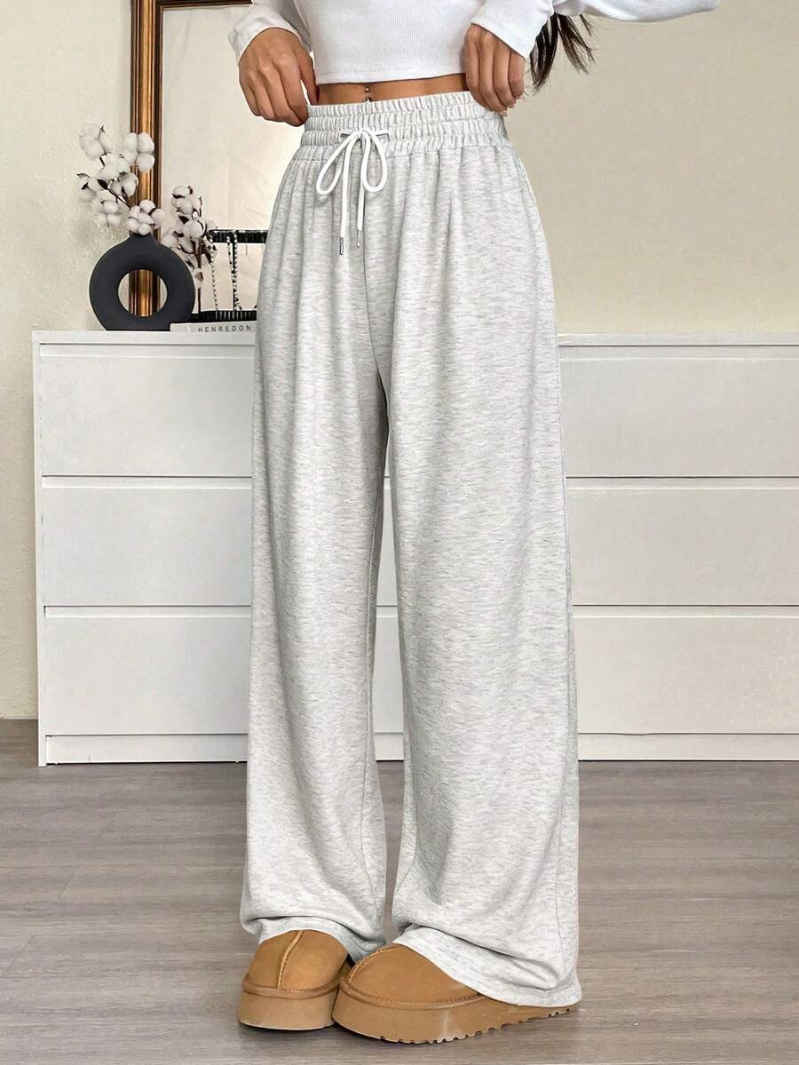 SHEIN EZwear Pantalones de chándal holgados con cordón en la cintura, color blanco, talla grande, para otoño