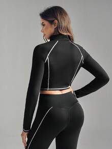 SHEIN Sports Women's Black And White Striped Yoga Jacket,Autumn Athleisure Gym Fitness Running Outdoor Zipper Long-Sleeve Hollow Out Crop Sports Shirt - Black - View 1