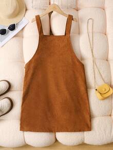 SHEIN Teen Girl Casual Solid Color Midi Pinafore Dress, Comfortable & Minimalist - Khaki - View 2