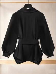 Franclia Blazer negro de doble botonadura con cinturón, silueta casual adelgazante, chaqueta versátil para ir al trabajo y uso diario - Negro - Ver 2