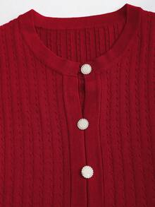 GlowEve 初秋法式优雅风藏青色镂空复古荷叶边下摆优雅长袖短款针织连衣裙 - 紅木色 - 查看 3