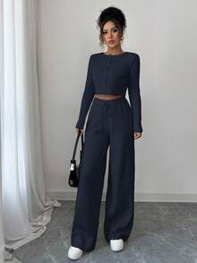 Modelyn Women's Solid Color Long Sleeve Single-Breasted Cropped Knit Cardigan And Knit Pants Elegant 2 Pieces Set, Autumn/Winter - Royal Blue - View 5