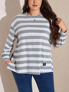 SHEIN LUNE Plus Size Women's Autumn/Winter Striped Print Loose Crew Neck Long Sleeve Casual Fashion T-Shirt With Side Slits Thanksgiving Outfit Holiday Outfit