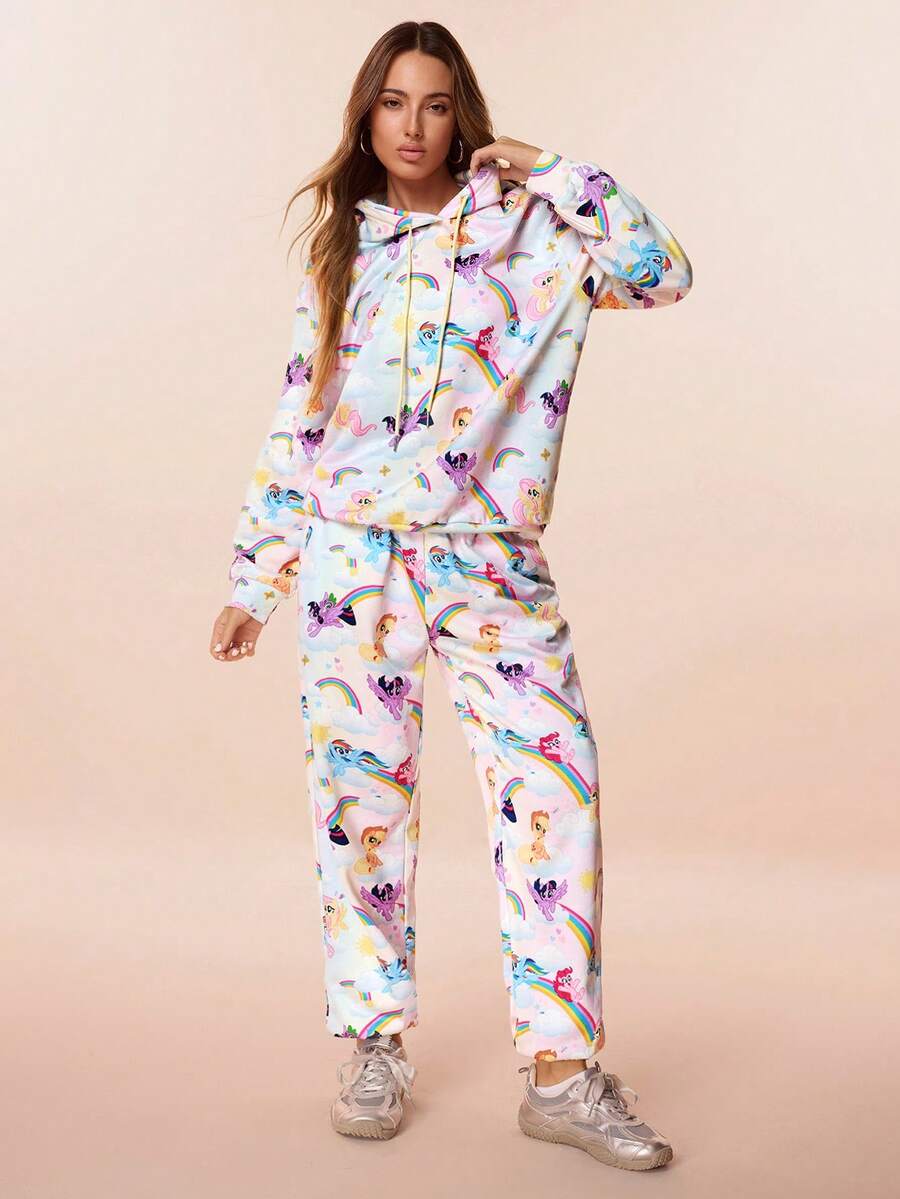 My Little Pony X SHEIN Bộ quần dài và áo hoodie rộng rãi in họa tiết thoải mái đi làm hàng ngày cho nữ, Xuân/Thu - Màu xanh lam - Xem 1
