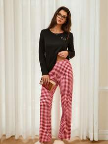 SHEIN Doze Lane Women's Casual Heart Print Top & Red Plaid Pants 2 Pieces Pajama Set, Winter Clothes - Multicolor - View 3