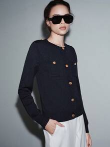 SHEIN Luminelle Áo len cardigan dệt kim trang trí khóa kim loại thời trang mới cho nữ - Màu xanh hải quân - Xem 3