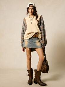 SoleilVie Áo sweatshirt dài tay màu trắng kẻ caro TXV thời trang thu/đông, kiểu dáng rộng rãi phong cách Bohemian, màu nâu, thích hợp cho các hoạt động mùa đông dành cho nữ dịp Giáng sinh và Năm mới. - Nhiều màu - Xem 4