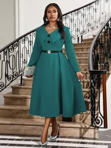 Fleurora Robe ample pour femmes de grande taille, élégante, de couleur unie, avec col claudine, taille cintrée et ourlet évasé avec ceinture, pour le printemps/l'automne - Vert sapin - Voir 6