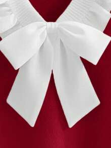 GlowEve CURVE Plus Size Elegant V-Neck Ruffle Bow Long Sleeve Pullover Sweater - Red - View 4