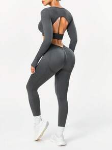 SHEIN Sports 女士无缝瑜伽长袖上衣和裤子套装，开启您的运动生活方式 - 灰色 - 查看 1
