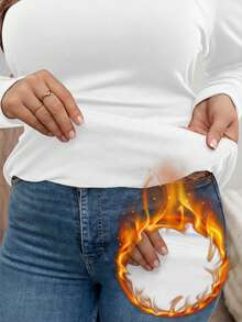 SHEIN LUNE 加大码冬季加厚圆领修身长袖保暖T恤，休闲日常假日穿着 - 白色 - 查看 5