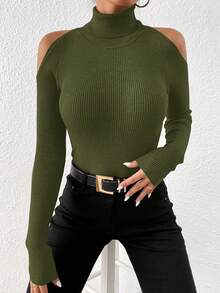 SHEIN Clasi Plus Size Winter Turtleneck Sweater,Olive Green,Autumn,Smart Casual,Date Night,Shoulder Cut-Out Design,Elegant Women Fall Basic Top For Party,Vacation - Army Green - View 7