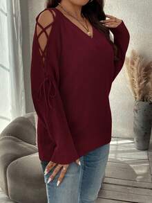 SHEIN Clasi 秋冬季加大码女式系带插肩袖套头毛衣 - 酒紅色 - 查看 3