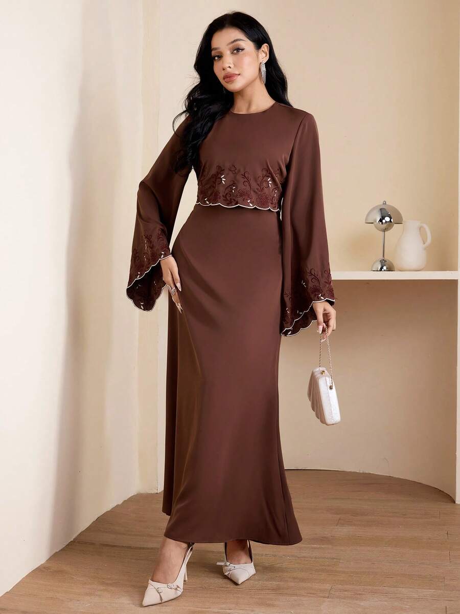 Veilorie Women's Elegant Modern Filipiniana Modest Embroidered Flare Sleeve Arabic Style Dress Fall Formal Christening Guest Brown Ninang Wedding