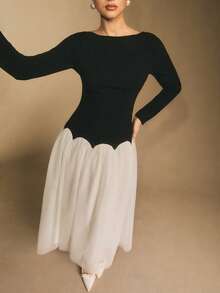 Poéselle Women's Mesh Patchwork Contrast Color Backless Elegant Long Sleeve Dress French Style Dress Women Clothing Elegant Dress Modest White Bow Back Dress Party Dress,Dresses For Women Elegant