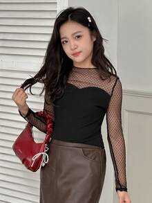 Dazy Kids Tween Girls Crew Neck Fitted Long Sleeve Knit T-Shirt, Fall - Black - View 1