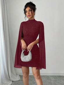SHEIN Clasi 女款簡約修身短款休閒小立領喇叭袖緊身洋裝，適合新年穿著 - 紅木色 - 查看 5